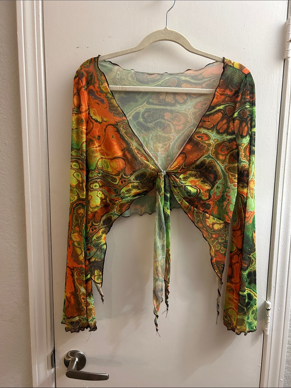 Y2K-Style Festival Acid Print Tie-Front Mesh Coverup Top
